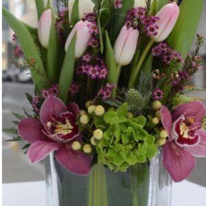 Elegant Orchid & Tulip Glass Cube