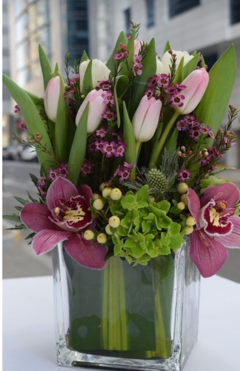 Elegant Orchid & Tulip Glass Cube